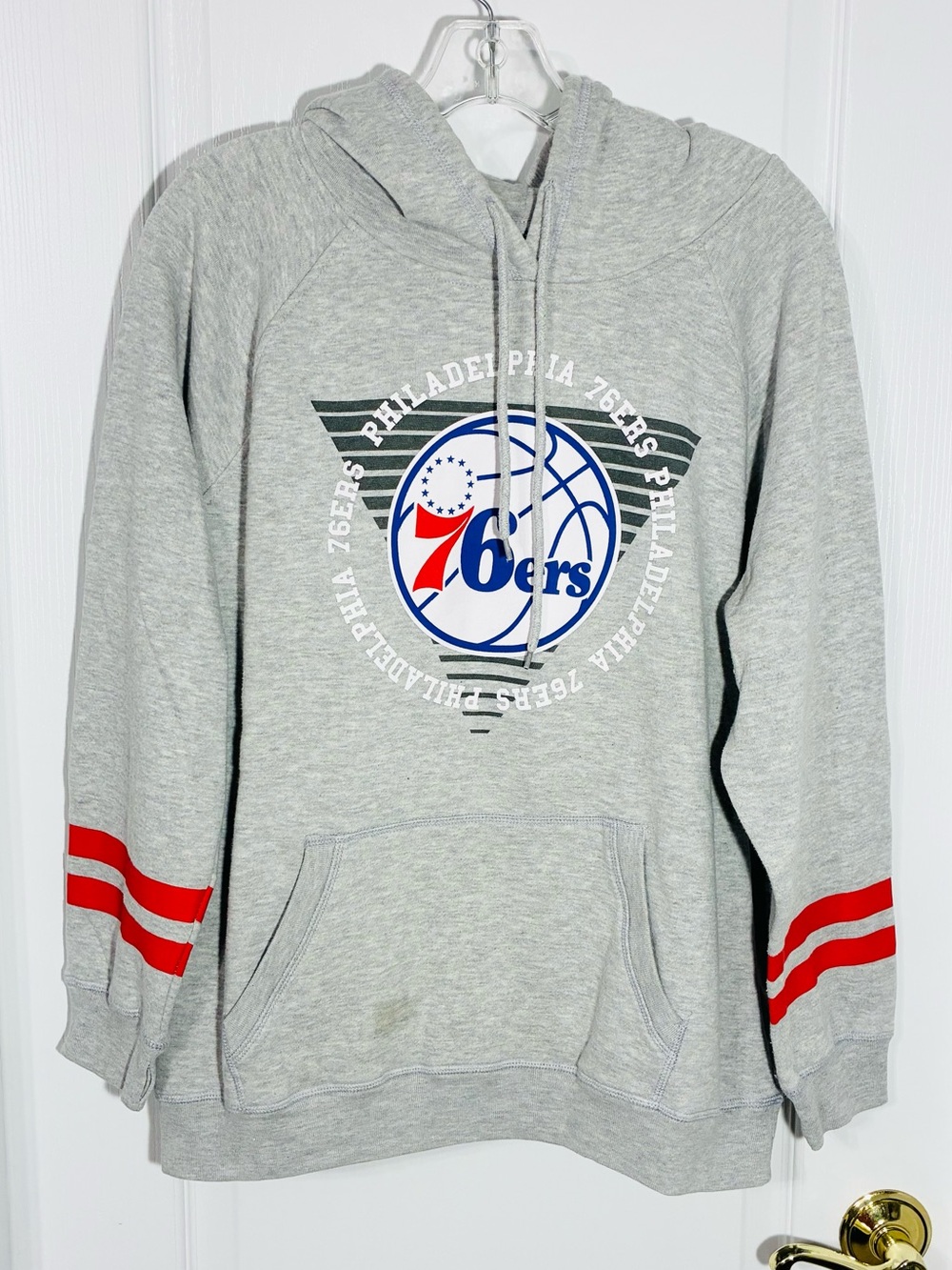 Ultra Game NBA Philadelphia 76ers Red Sleeve Stripes Graphic Hoodie Gray XL